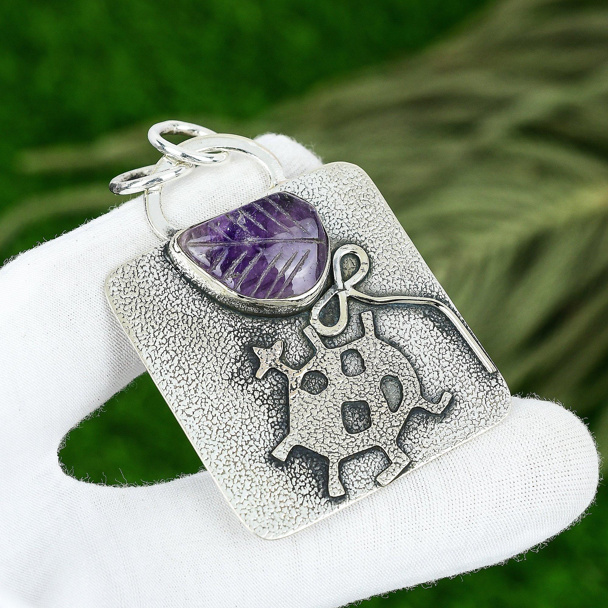 

Mothers day Deal 925 Sterling Silver Pear Natural Star Amethyst Art Deco Pendant