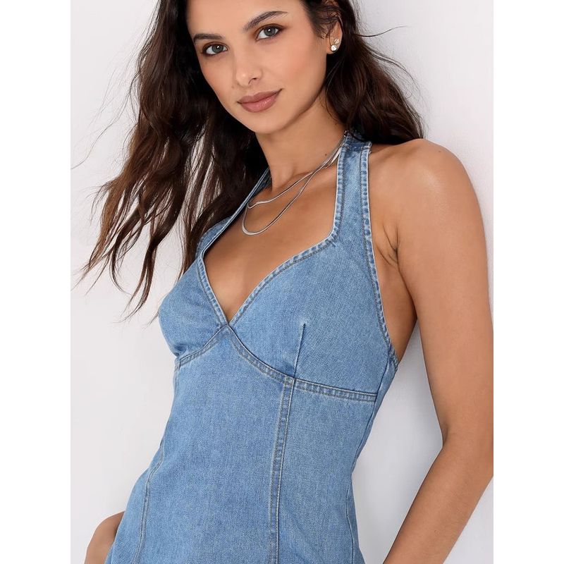 Foreign Trade Order Lu's Gyaru Fashion Personality Hanging Neck Backless Sexy V-neck Denim Temperament Slimming Sheath Dress