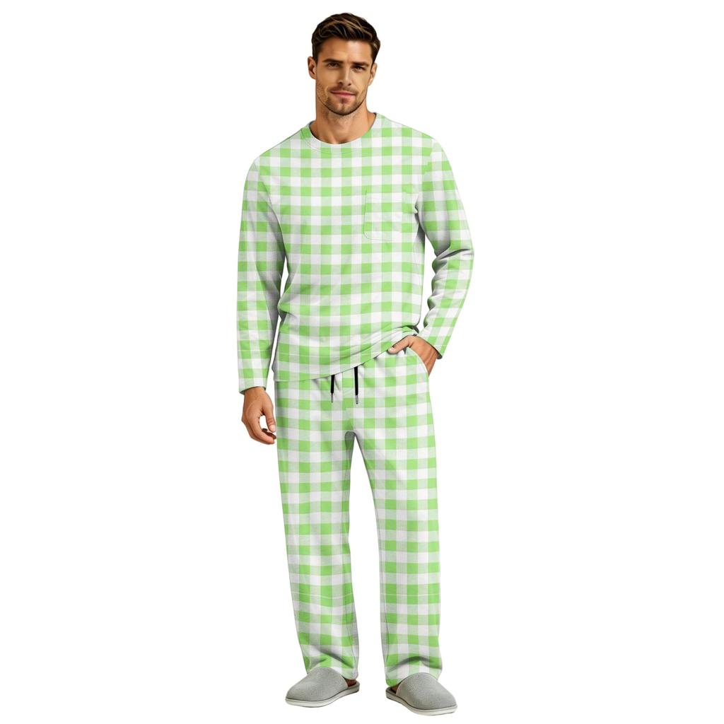 Men's Pajama Set Long Sleeve Top and Long Pants with Button Crotch and Elastic Drawstring Waist for Home Loungewear