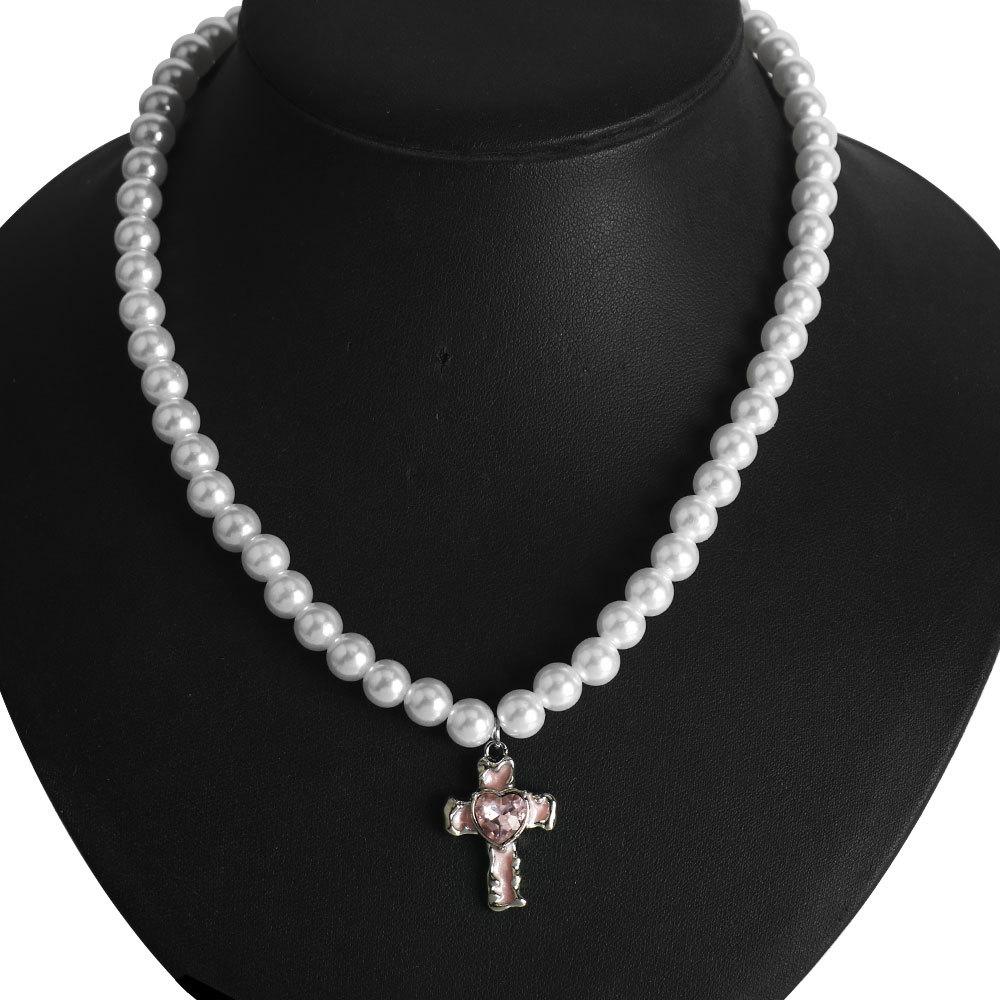 Heart Cross Faux Pearl Necklace, Delicate Stackable Sweet Clavicle Chain