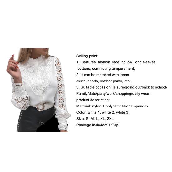 Camisa de Manga Comprida com Recortes Top Feminino de Botão Único Blusa com Patchwork de Renda para o Escritório