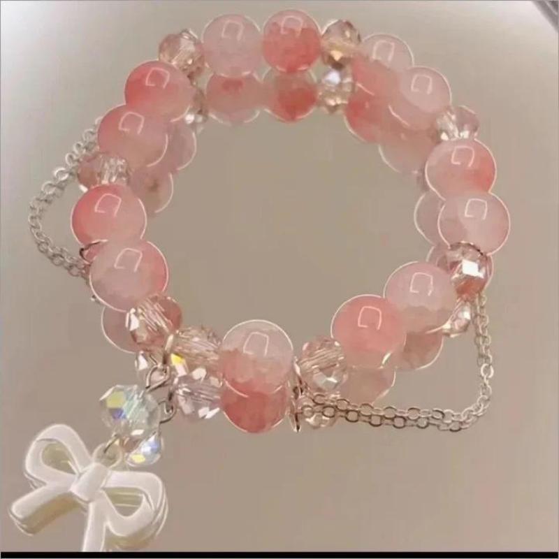Bracciale con Perline e Ciondolo a Forma di Fiore Rosa di Cristallo Coreano e Farfalla per Donne, Catena Dolce con Perle, Gioielli Regalo per Fidanzata