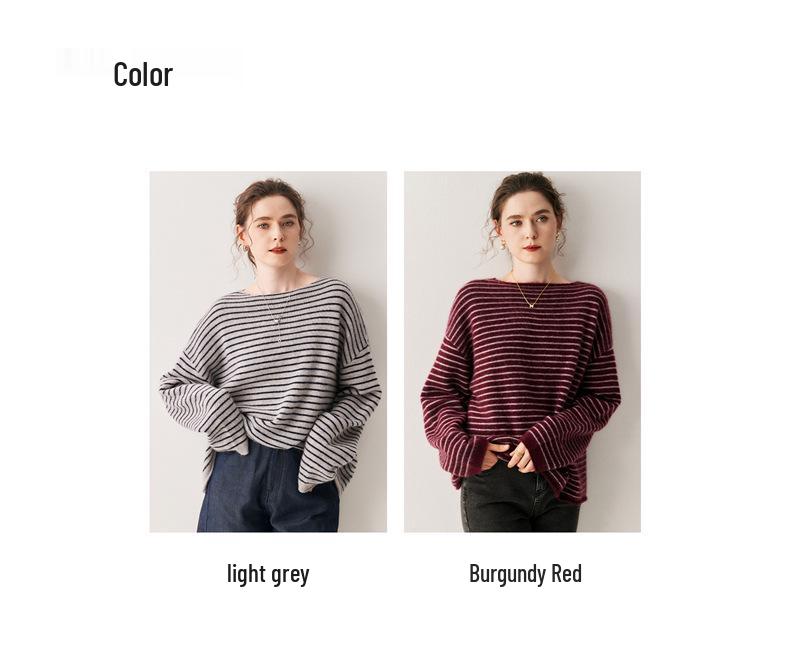 One-Shoulder Oversized Striped Cashmere Sweater for Women - Korean Fashion Style