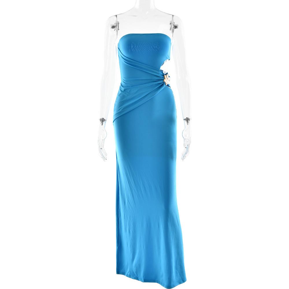 Women s Strapless Sleeveless Maxi Dress Slim High Waist Cutout Milk Silk Bodycon Evening Dress S