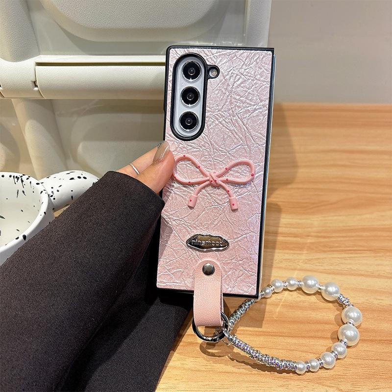 Folding Screen Flip Leather Phone Case for Samsung Zflip6 Portable Rope OPPOFindn3Flip Bow