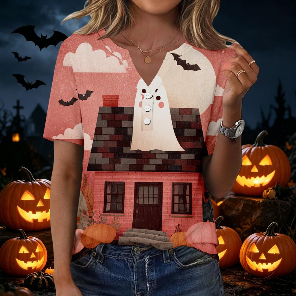 Women Casual V Neck Short Sleeve Button T Shirt Halloween Print Top Lightweight Comfortable Fit