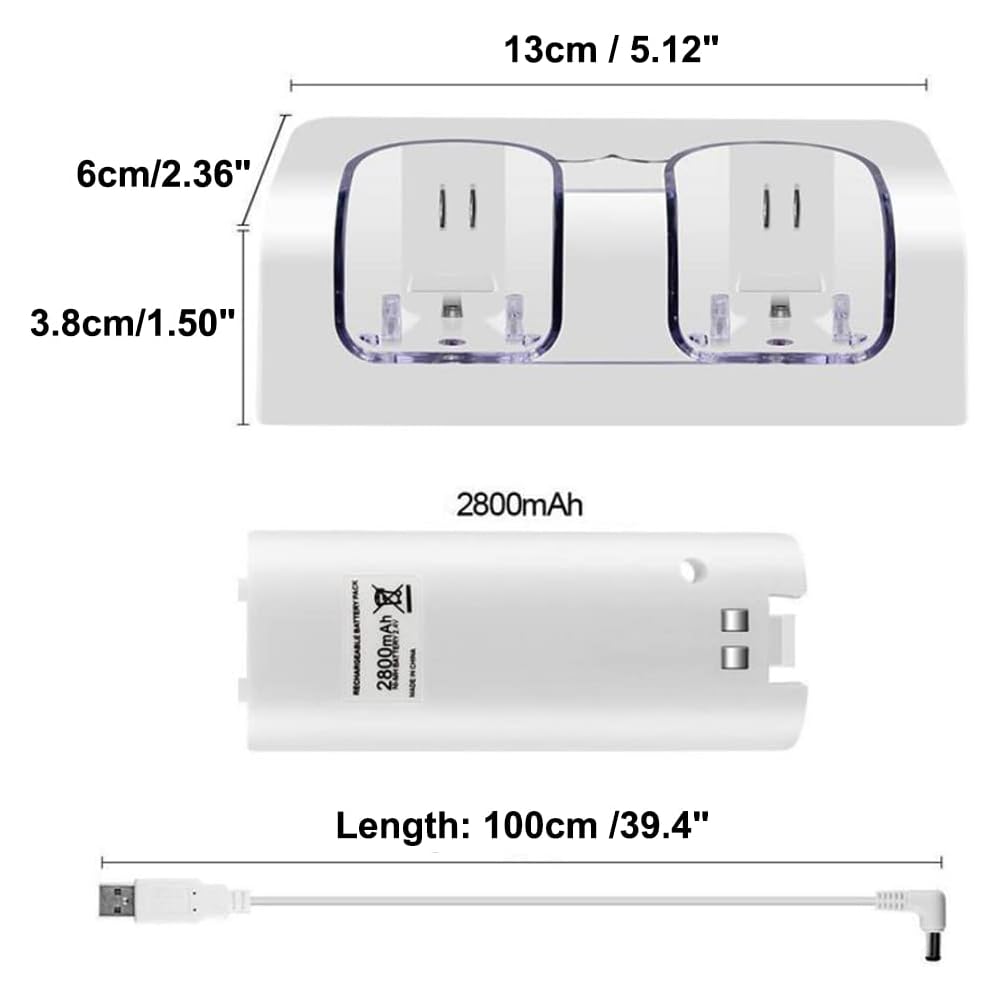 Ostent Charging Dock Station with 2 Battery Packs for Nintendo Wii Remote Controller White