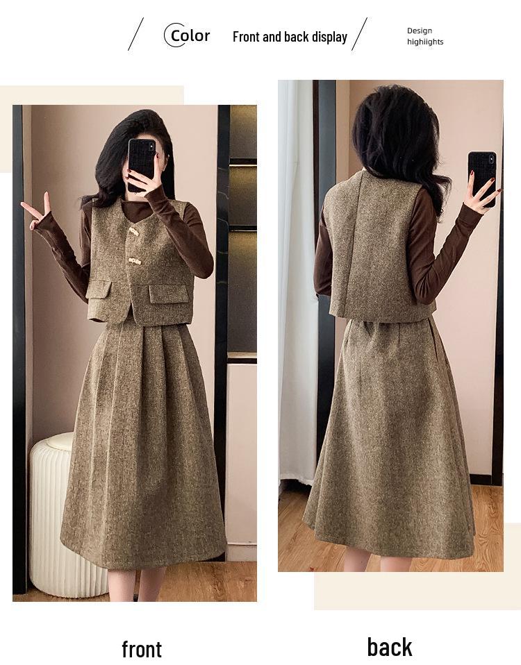 Modă Coreeană Retro Vestă & Fustă Midi Set Slimming Trei Piese pentru Femei