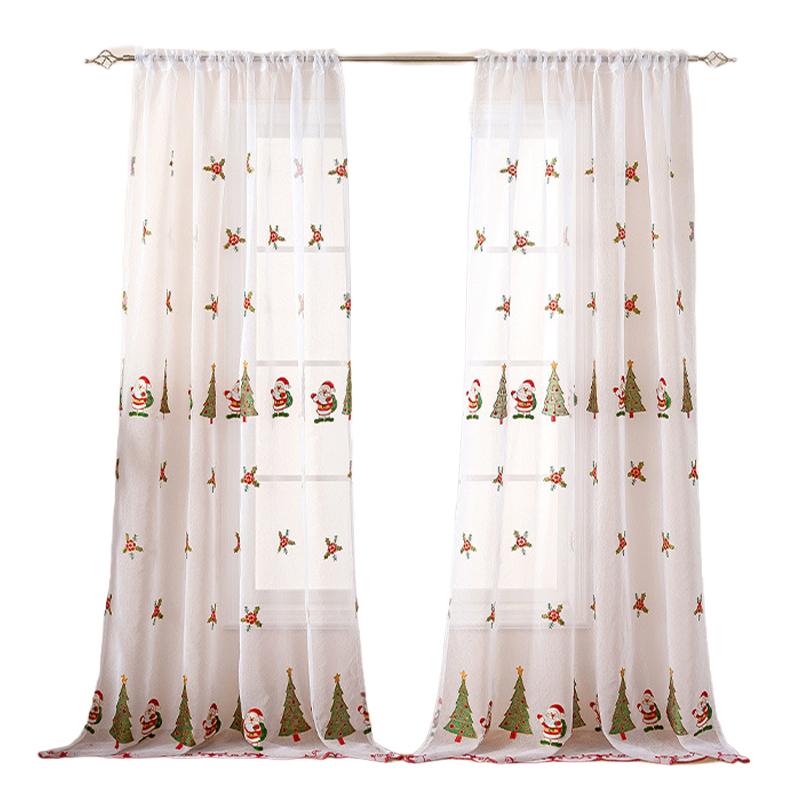 Christmas Santa Claus Embroidered Curtain American Style Festive Atmosphere Decor Sheer Pole Curtain for Living Room Bedroom