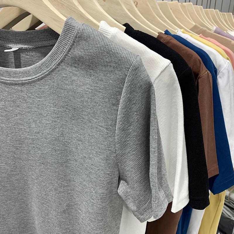 European Threaded Short-sleeved T-shirt for Women Spring and Summer New Round Neck Slimming Bottoming T-shirt Small Shirt Solid Color Versatile Top