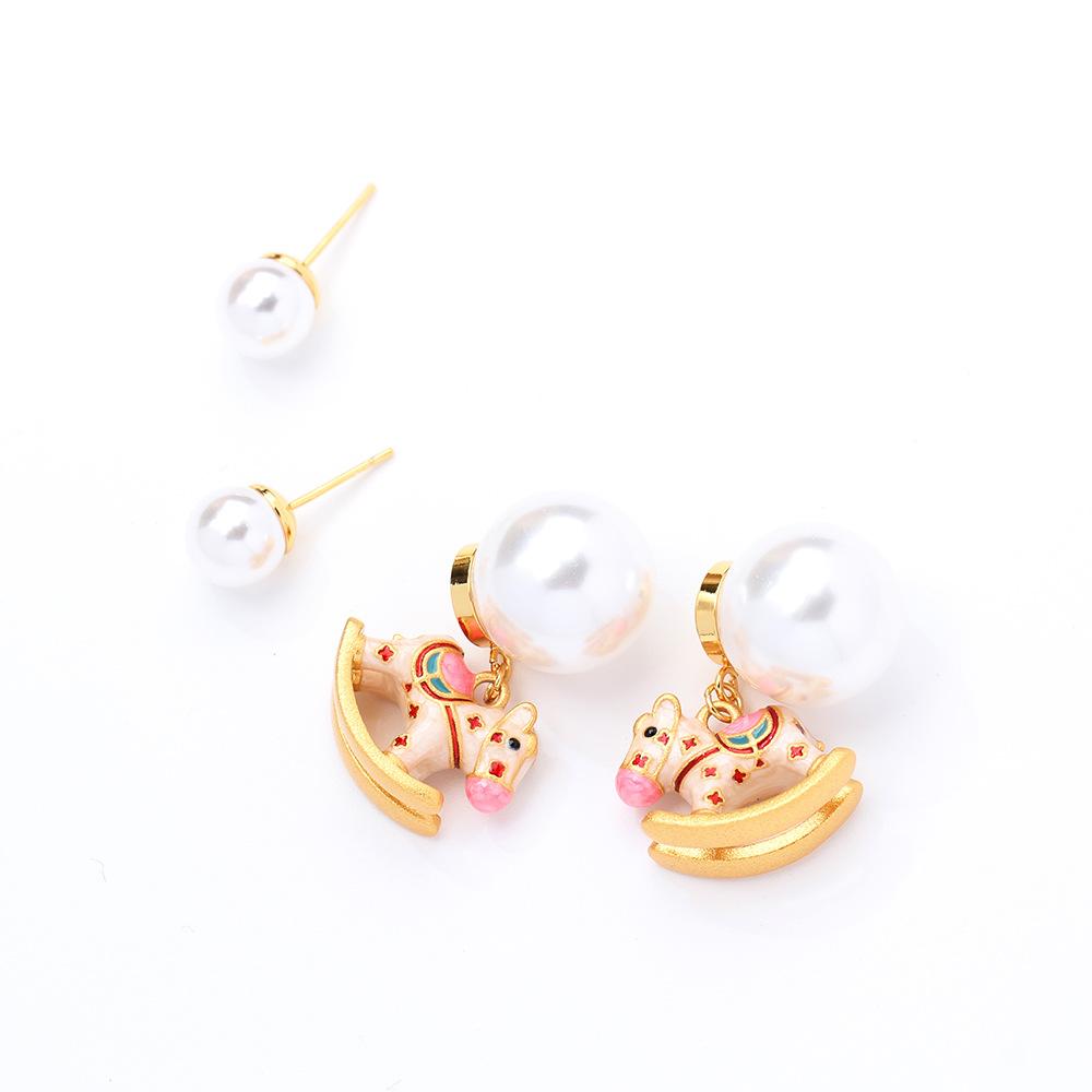Childlike fashion exquisite color enamel Trojan horse pearl earrings retro light luxury versatile two wear women's silver needle earrings