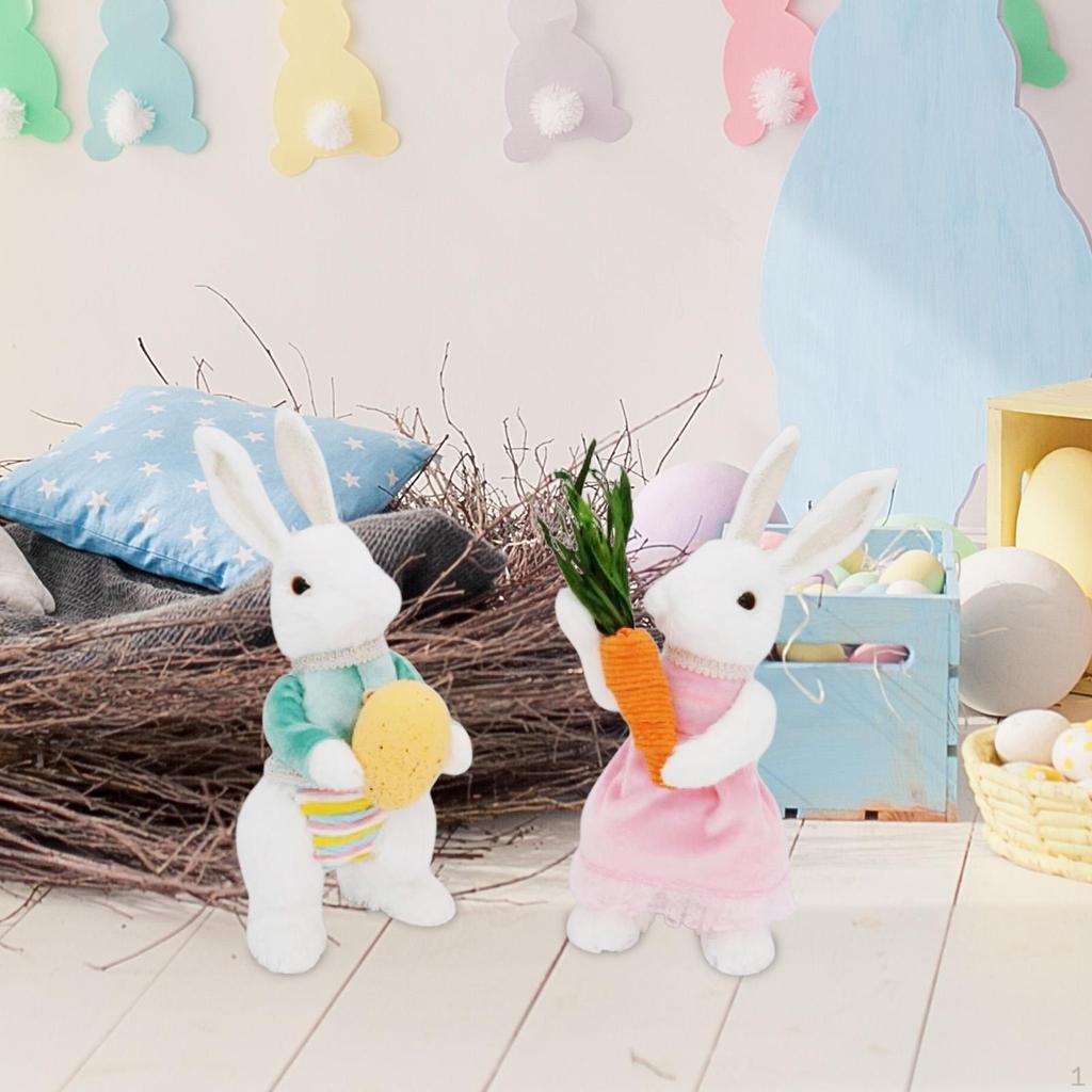 2 Pieces Easter Bunny Decoration Plush Toys Desktop Ornaments Decor Cute Decorative Figurines