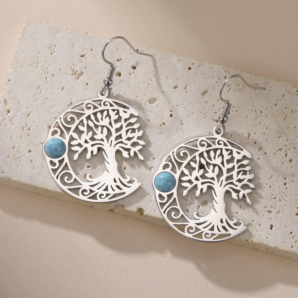 Dawapara Filigree Crescent Moon Tree of Life Dangle Earrings Turquoise Celtics Moon Wiccan Pendant Stainless Steel Jewelry
