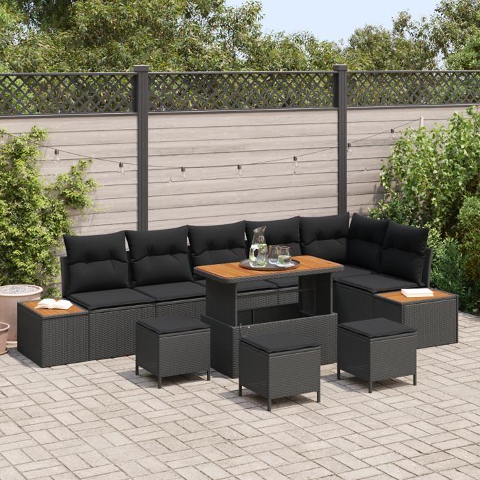 Ensemble de canapés de jardin de 10 pièces avec coussins noirs en rotin synthétique acacia 3362939