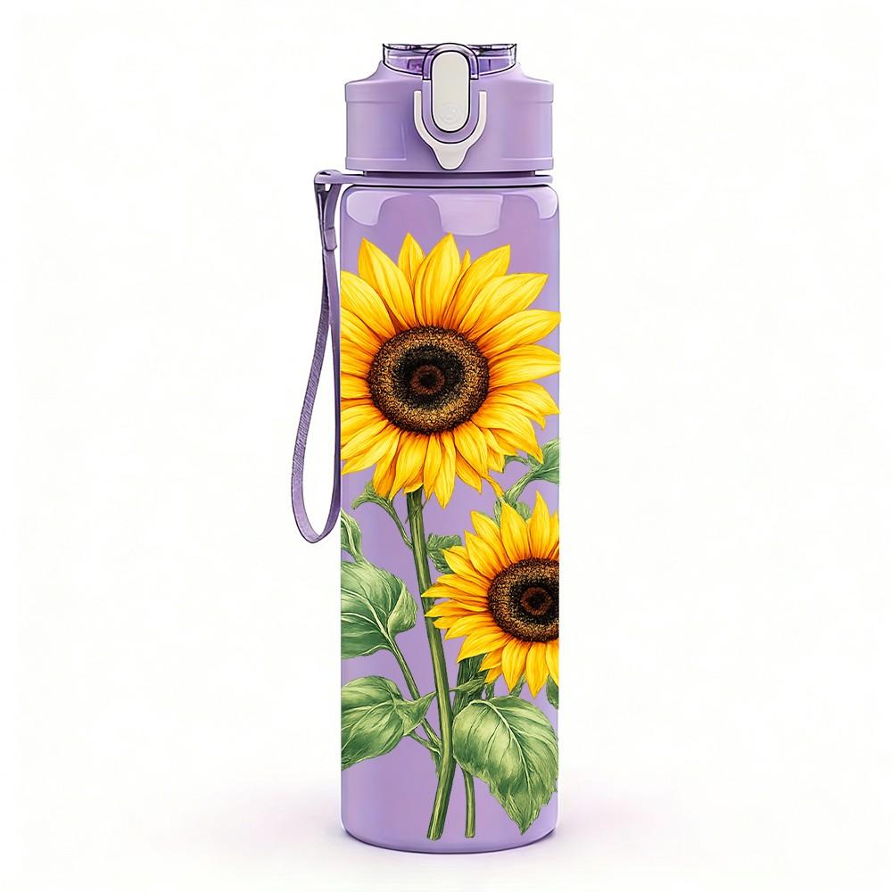 1PC Sunflower Yellow Flower Pattern 750ml Color Plastic Sports Water Bottle Leakproof Flip Straw Lid Suitable for Sports Office Home Use