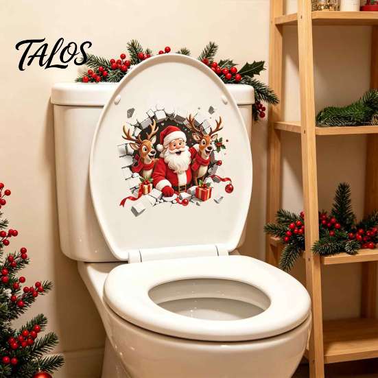 Christmas Gift for Bathroom 3D Break Through Wall Santa Reindeer Toilet Sticker, Self-Adhesive Holiday Seat Stickers Decal, Waterproof Lid Decor Home