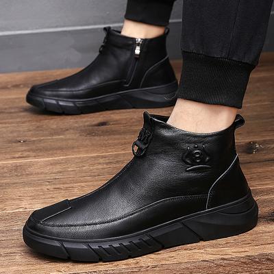 Autumn and Winter New Fleece-lined Men's Shoes Two Cotton Mid-Top Boots Casual Leather Shoes Cotton Shoes Men's Shoes