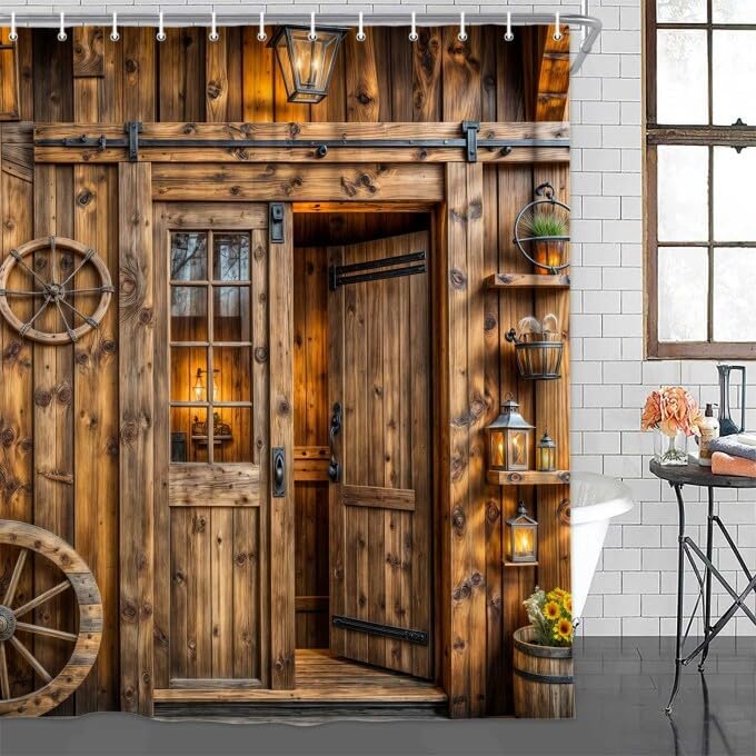 

Rustic Barn Door Shower Curtain, Farmhouse Door Shower Curtain Brown Western Bathroom Curtains Decor Waterproof Retro Farm W60H190(CM)-1 Pcs