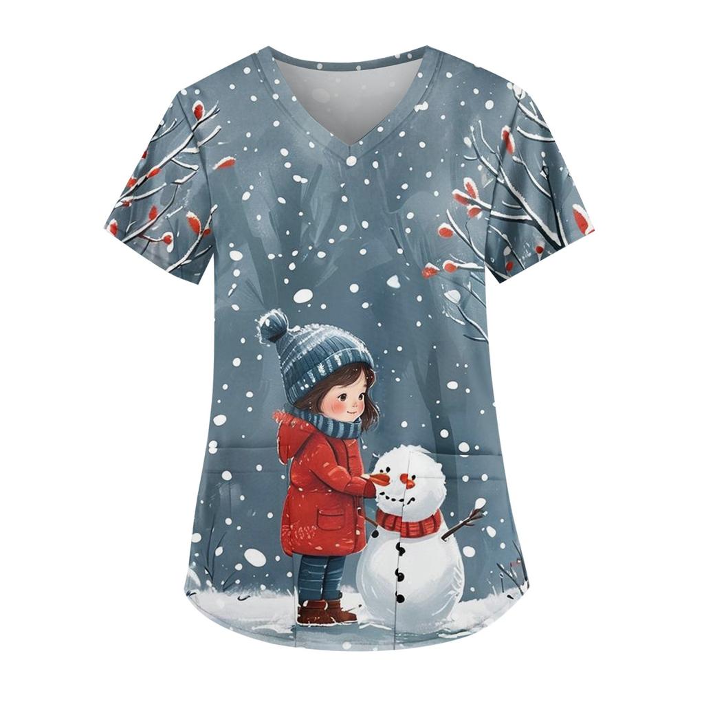 Women's Fashion V-Neck Short Sleeve Workwear With Pocket Christmas Printed Top