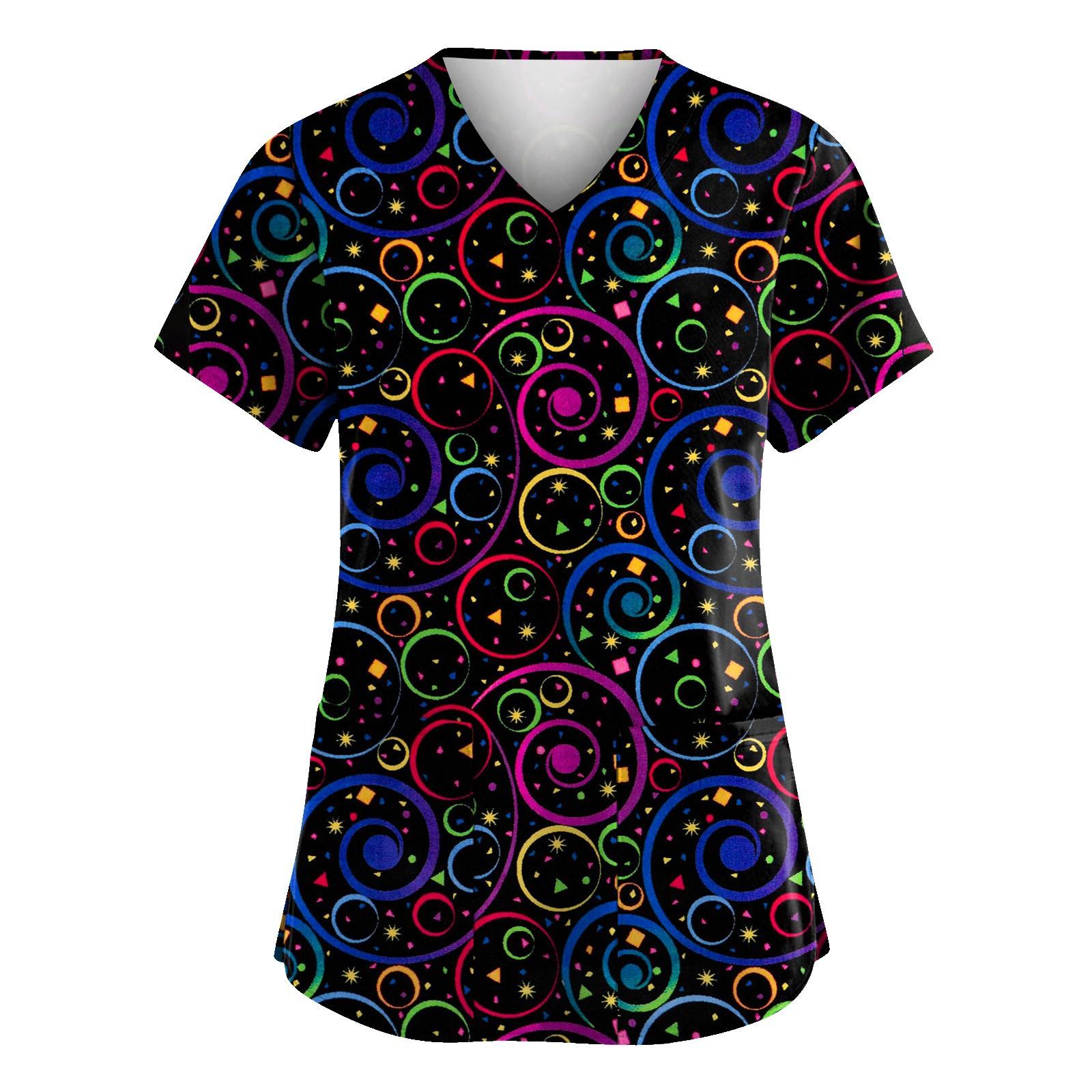 

Женская мода с v-образным вырезом, короткими рукавами и карманами, топы с принтом M красный