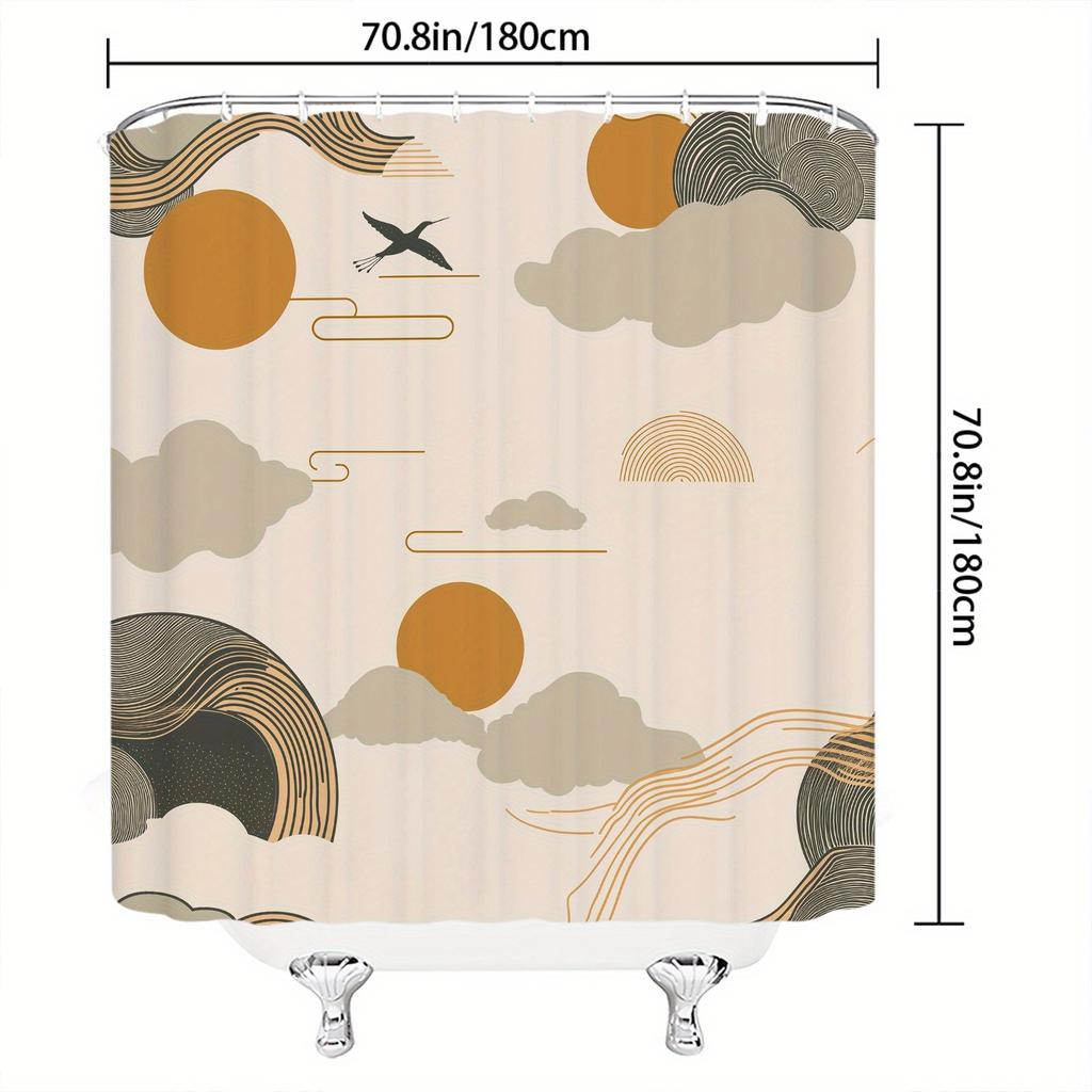 Abstrakter Wolken-Duschvorhang - Minimalistisches Digitaldesign, Stilisierte Wolken & Goldlinien, Moderne Geometrische Badezimmerdekoration