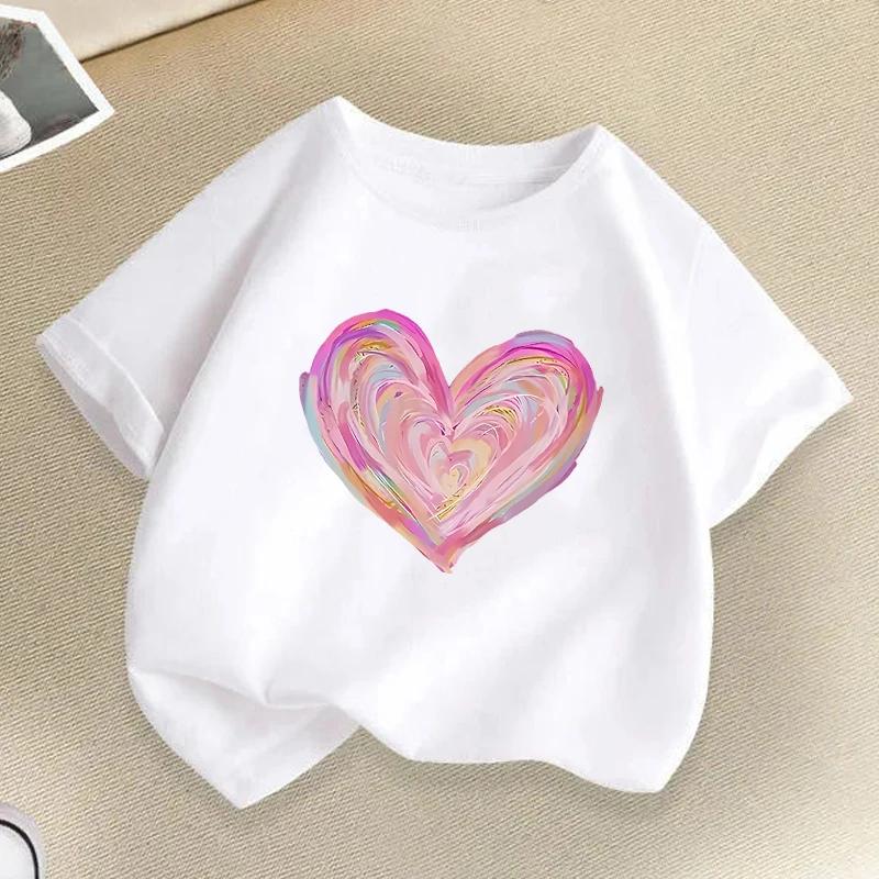 

Love Heart Colorful Graphic Print Children T-shirts Summer Boys Girls Fashion Casual Cute Kids Short Sleeve Tops T-shirts 140 белый