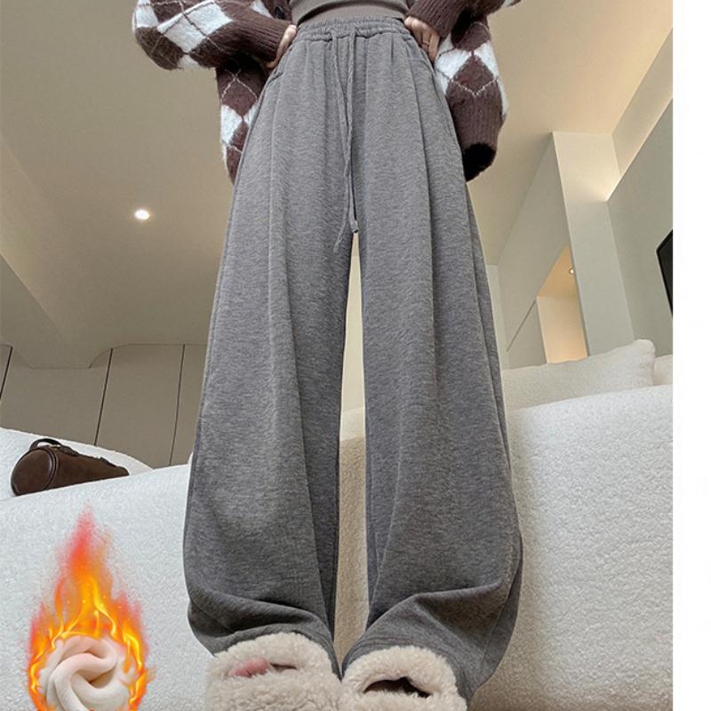 Curved Pocket Glutinous Rice Pants for Women's New Autumn and Winter Slim and Lazy Straight Pants Casual Plus Velvet Wide-leg Pants