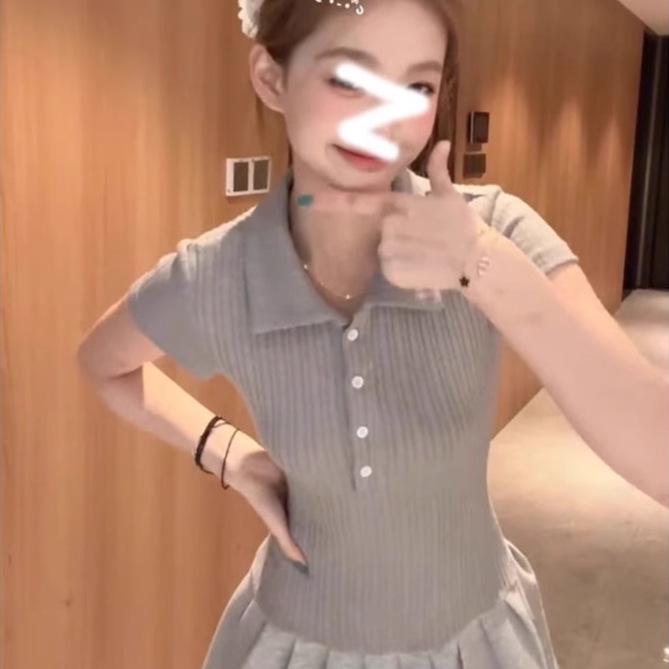

Women s Summer Sweet POLO Collar A-line Dress: Petite Short-Sleeved Waist-Slimming Style Small сірий колір