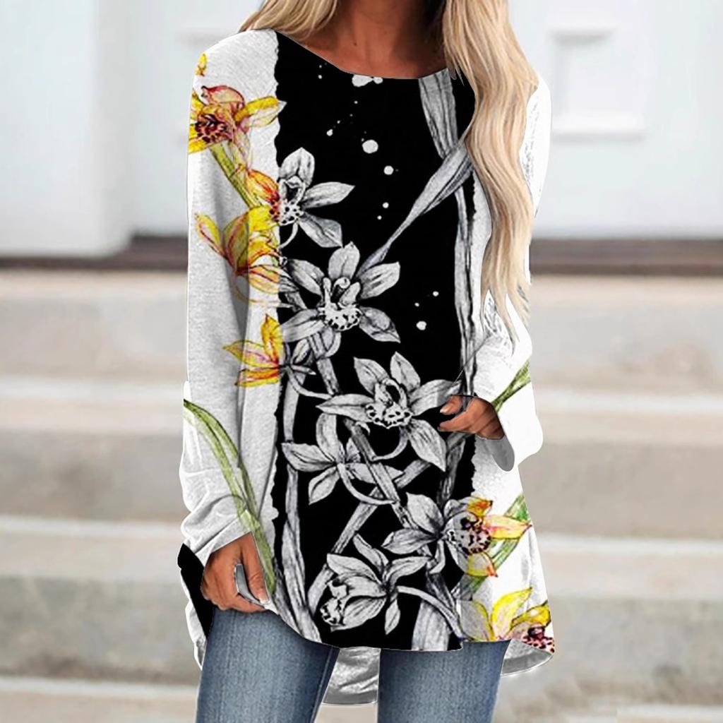 Round Neck 3D Flowers Butterflies Dragonflies Printed Top Fashionable Casual Long Sleeved Women's T-shirts