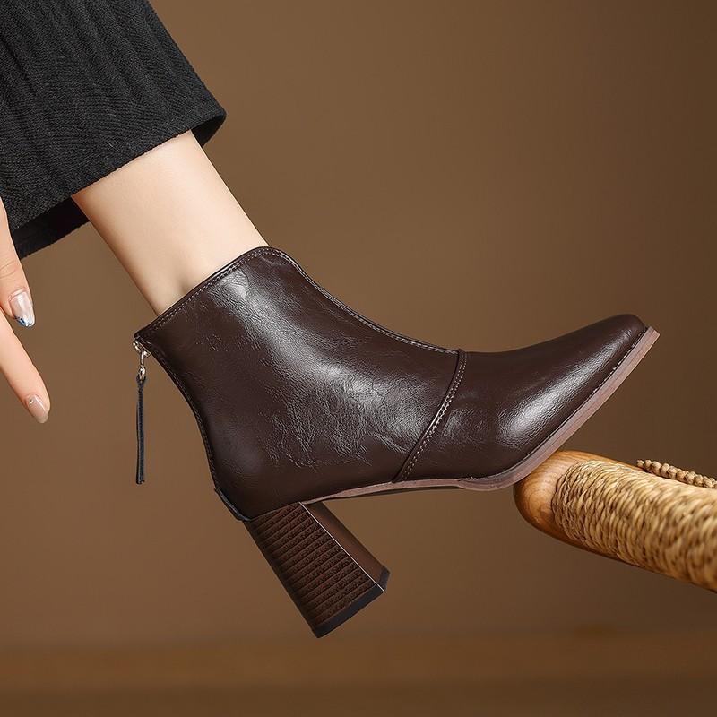 Fashion Internet Celebrity Retro Block Heel Square Toe Booties Women's 2025 Early Autumn New Fashion Rear Zipper High-heeled Boots