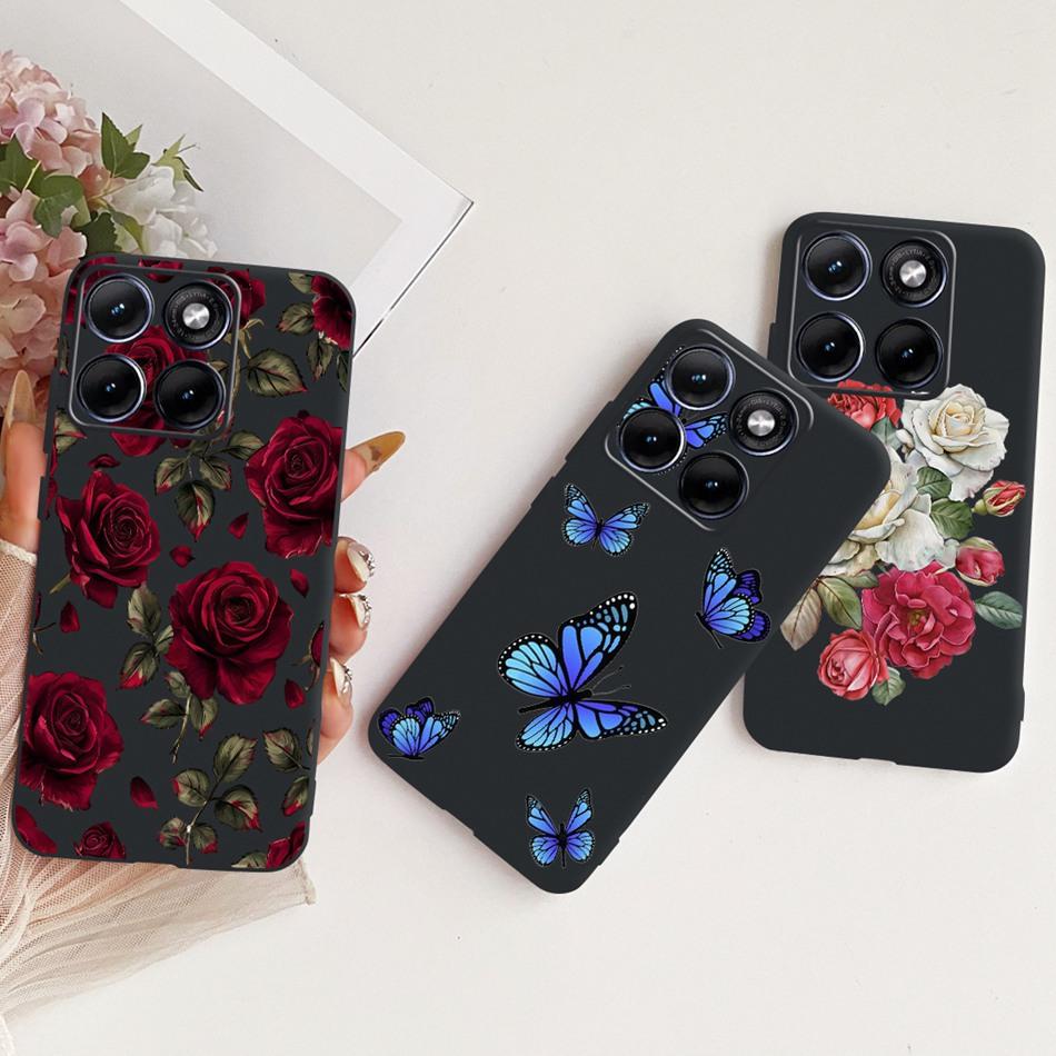 Für Motorola Edge 70 Fusion Niedliche Blume Schmetterling Katze Bemalte Hülle Für Motorola Edge70 Fusion 5G Schwarzes Silikon Weiche Handyhüllen