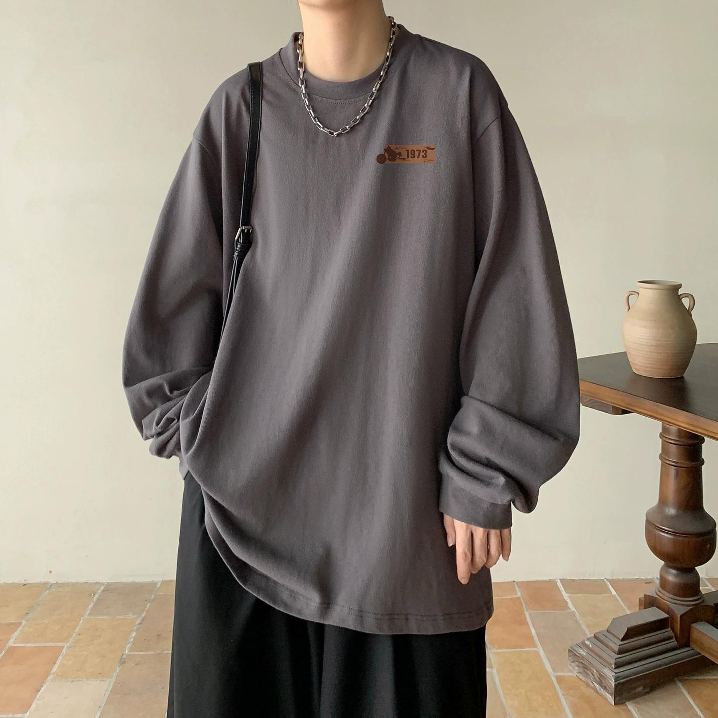 

Heavy Weight Cotton T-Shirt Men Long-Sleeved T-Shirt Men Trendy Loose Fit Base Top Tees Male Korean Style Round Neck Tshirt XL темно серый