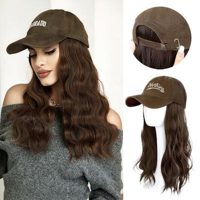 Synthetic Long Wavy Hat Wig For Women Baseball Cap With Hair Extensions Adjustable Hat With Hair Attached Hair Baseball Cap
