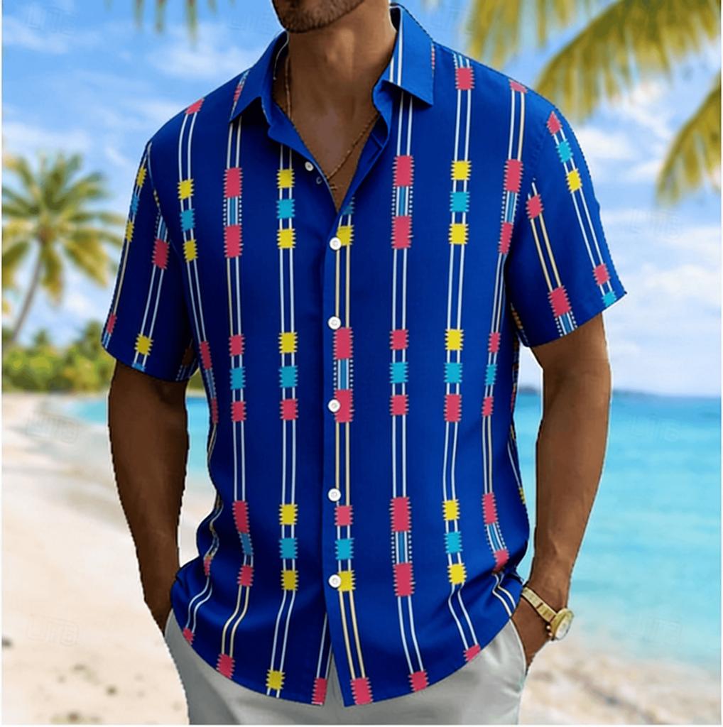 Men's Color Block Geometric Vertical Stripe Print Short Sleeve Shirt, Summer Casual Turn-Down Collar Blouse, Loose Fit Top