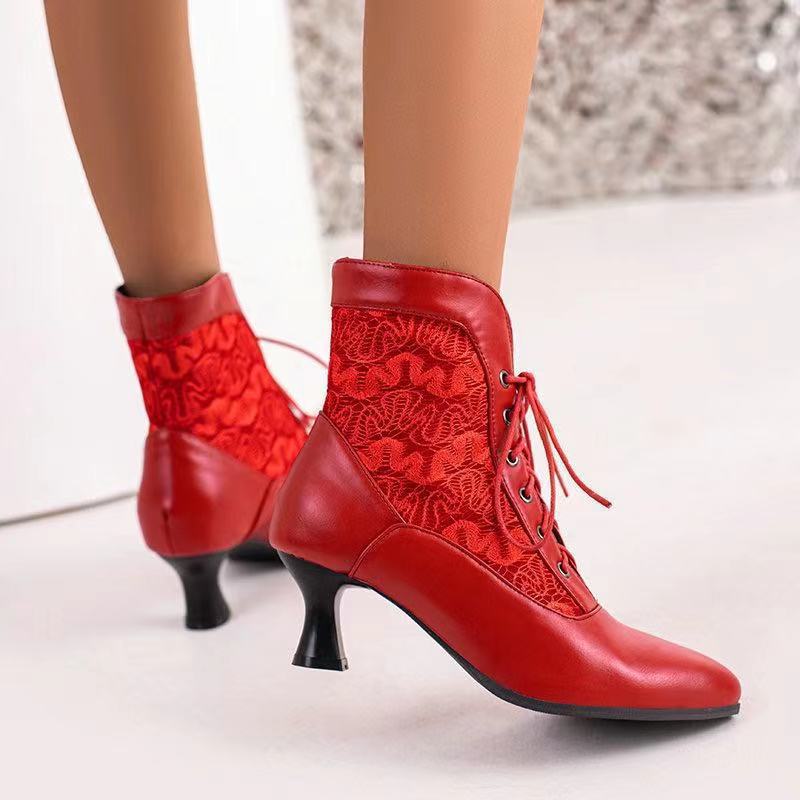 Autumn and winter new European and American style lace lace wine glass middle heel front strap pointed women's short boots