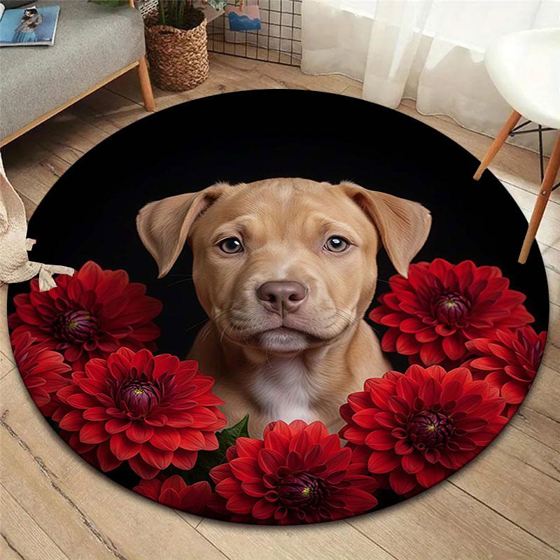 Flowers and dogs Round Area Rug,Carpet Rug for Living Room Bedroom Sofa Playroom Decor,Non-slip Floor Mat