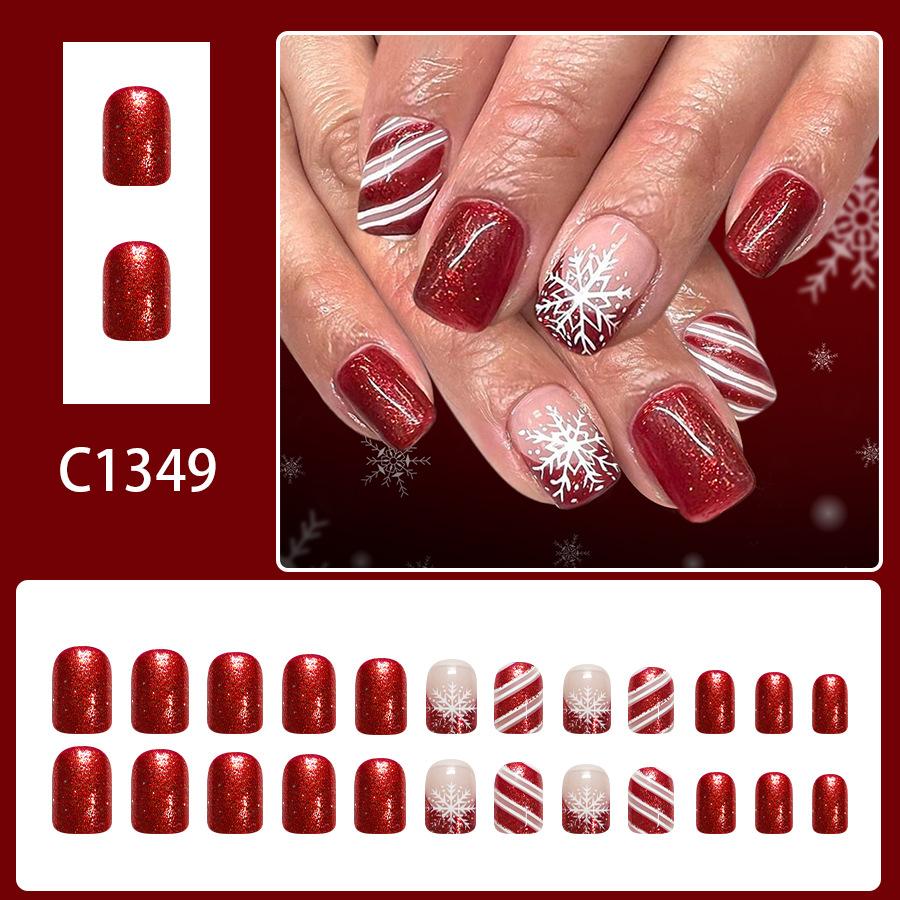 24Pcs Short Square Glossy Press On Nails 2026 New Christmas Red French Glitter Snowflake Stripe Fake Nails красный