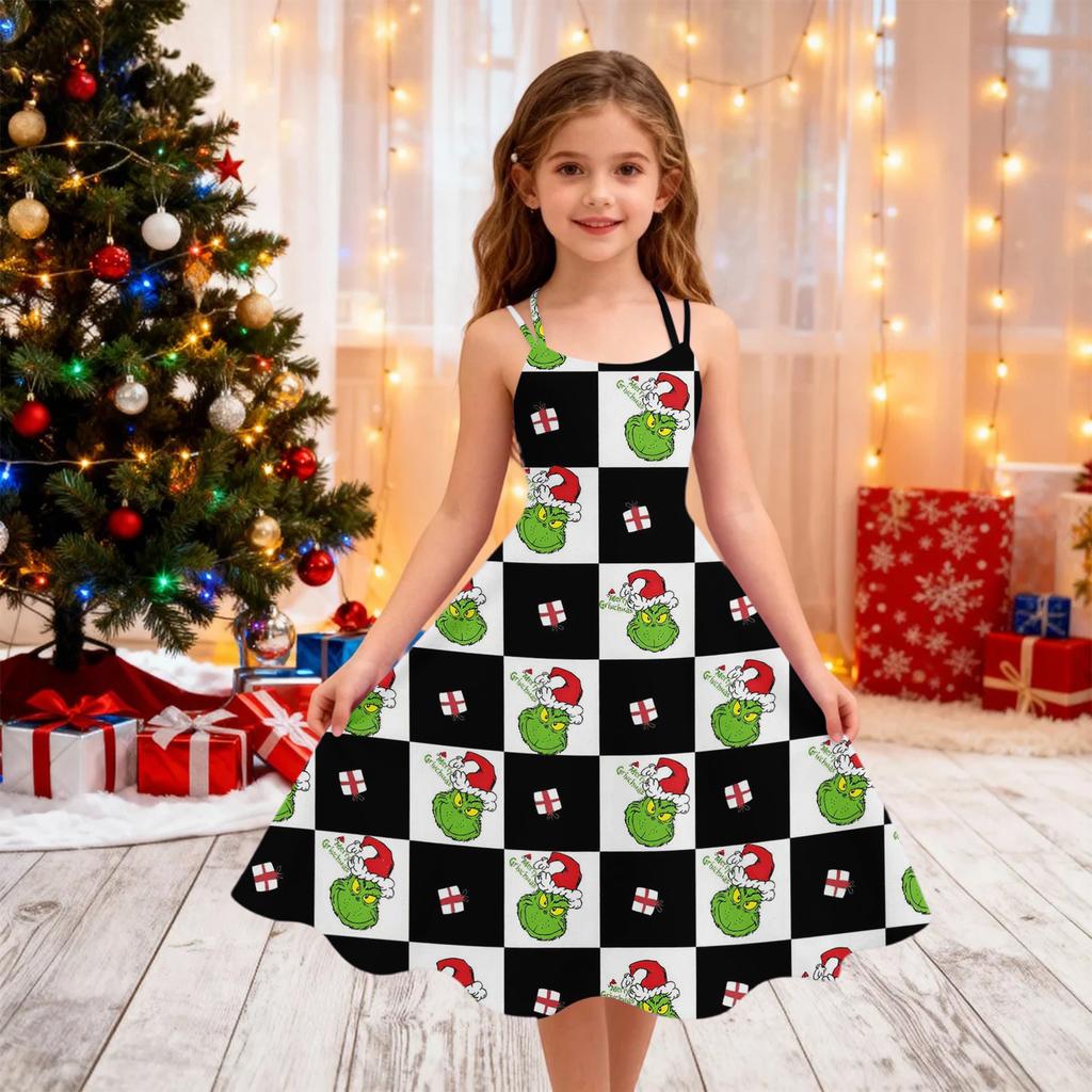 Children's Fashion Casual Christmas Print Off-Shoulder Punk Vintage Dress