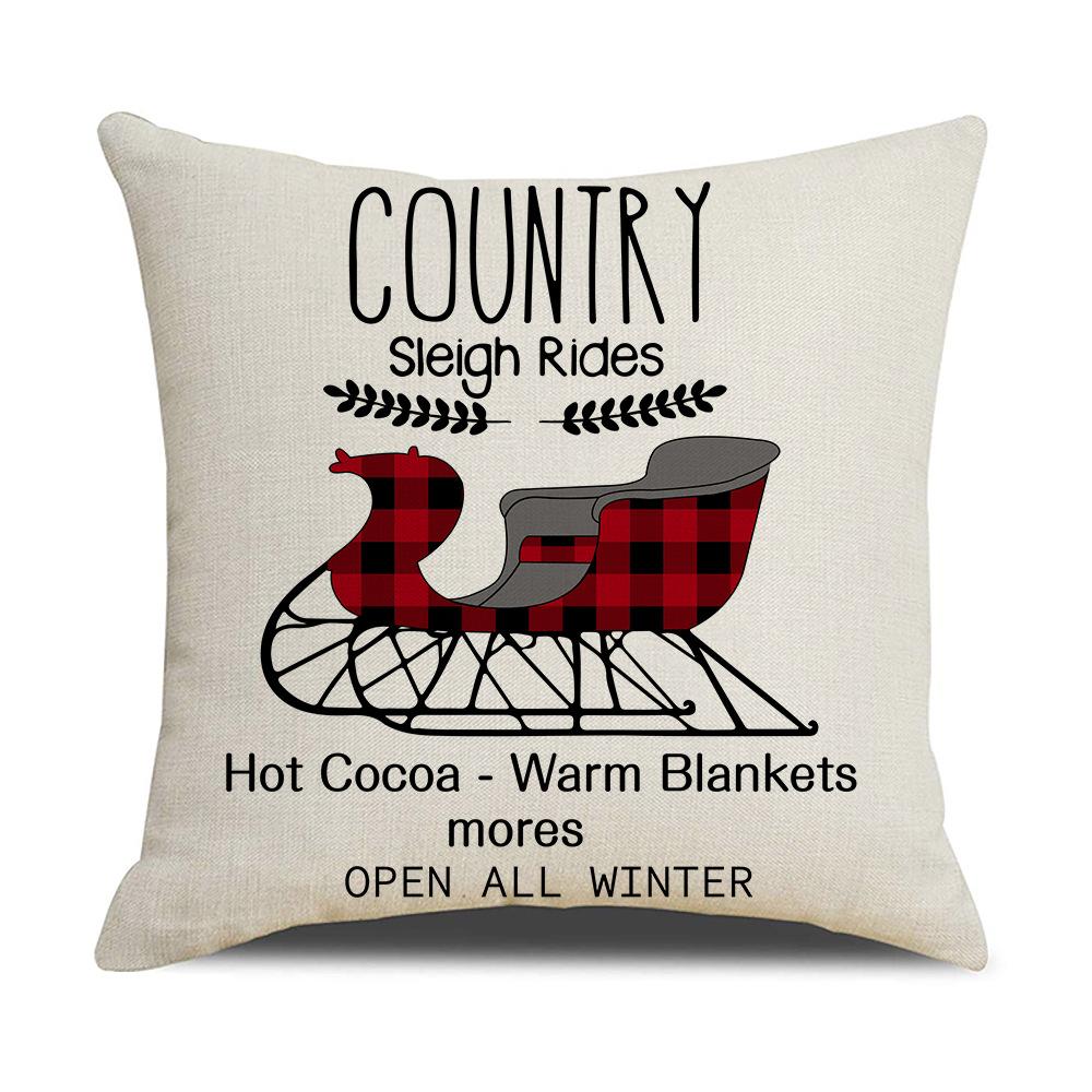 Red and Black Plaid Christmas Pillow Holiday Pillow Cover Linen Cartoon Print Holiday Cushion Cover
