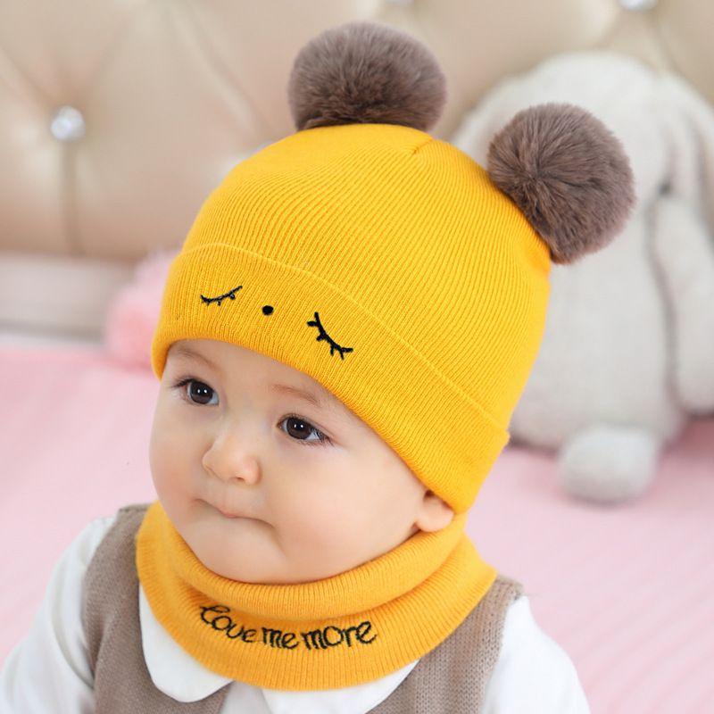 2pcs Winter Baby Hat Scarf Set Toddler Girl Boy Cap Knitted Beanie Fur Ball Cartoon Bear Snow Outfit Infant Accessories