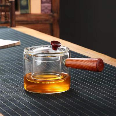 Seitengriff-Glas-Teekanne, Teekanne kann erhitzt werden, Holzgriff-Teebereiter, Teekanne, hitzebeständige intuitive Kanne, Haushaltskessel