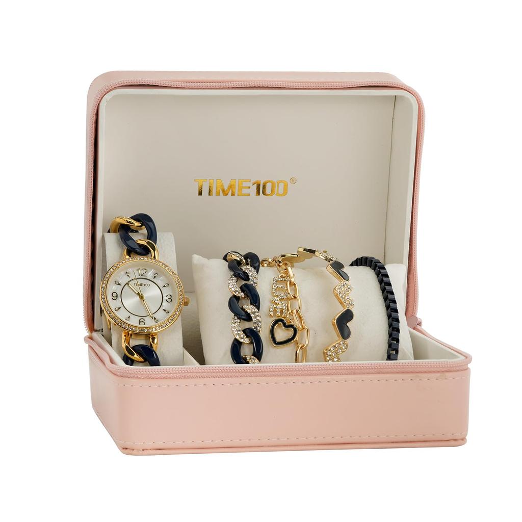 Gift Set Made in Japan Ladies Watch and 4 Gift Wrapping [TIME100] 6-Color Bracelets, 5-Year Warranty, Stylish, Waterproof, (Black)