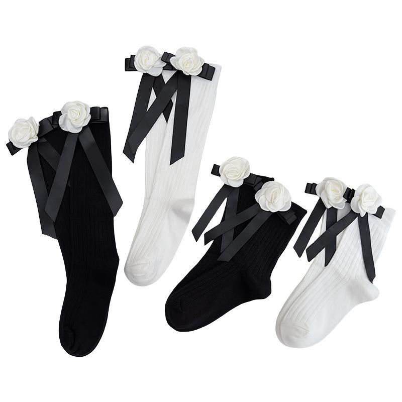 Lolita Jk Schleife Mittelhohe Socken 3D Kamelienblume Krawatten-Socken Ballett Sommer Dünne Schwarz-Weiß Socke Y2K Partykleider Socken