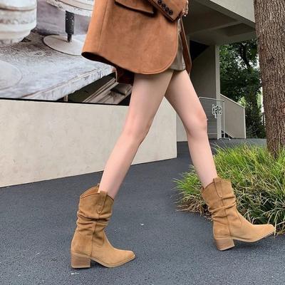 ~ Coarse-heeled Western Cowboy Boots, Slightly Polished Retro Fashion Boots, Thin Thick-heeled Pointed-toed Stacked Boots for Women