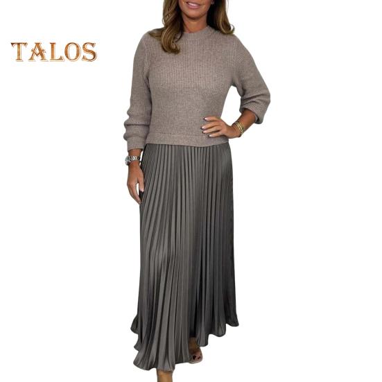 

Осінь-зима Жіноча сукня Підроблений в’язаний светр із двох частин, плісирована спідниця, клаптева сукня з довгими рукавами та круглим вирізом, максі-сукня А-силуету 2XL хакі