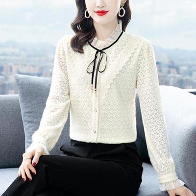 Spring Autumn New Brushed Lace Bottoming Shirt Women's Stand Collar Bow Long Sleeve Top Solid Color Blouse