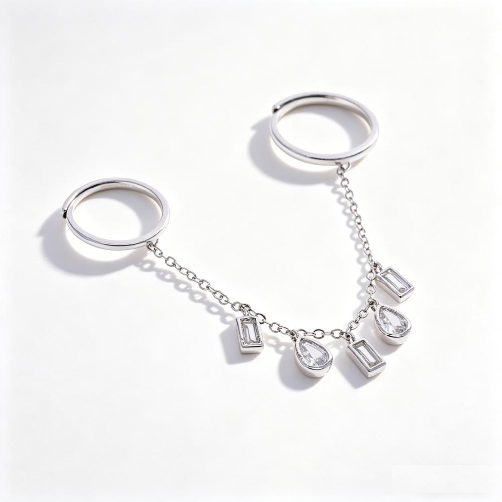 2026 New Arrived Fashion Women Jewelry Geometric Bezel CZ Drop Charm Tassel Chain Double Finger Ring Gold Plated