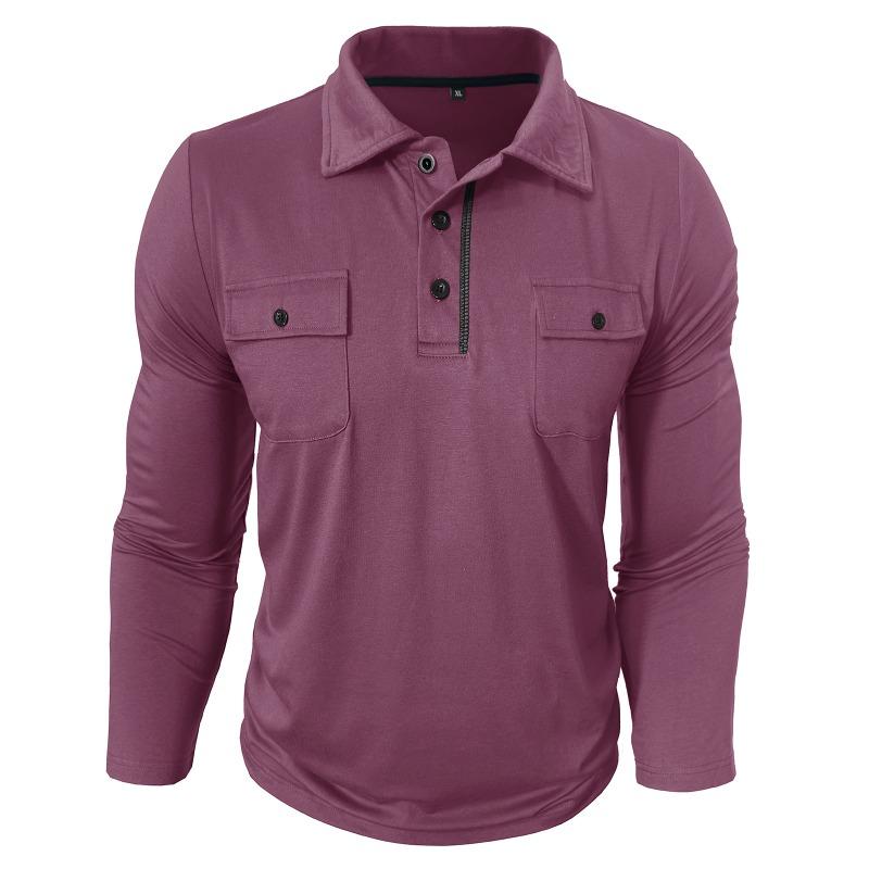 Men Long Sleeve Pocket Lapel Collar Casual Polo Shirt Outdoor Leisure Mens Top