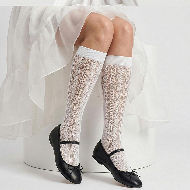 Lace Stockings Openwork Heart Jacquard White Calf Socks Students Thin Mid-Calf Socks