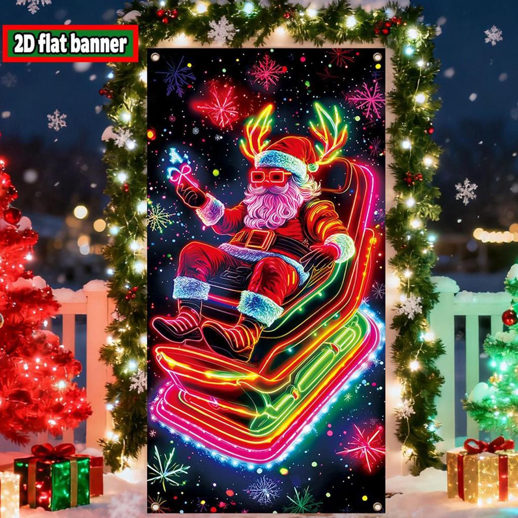 Santa Front Door Cover 3x6ft UV Fluorescent Christmas Decorations Front Door Holiday Background For Garage Porch Entrance